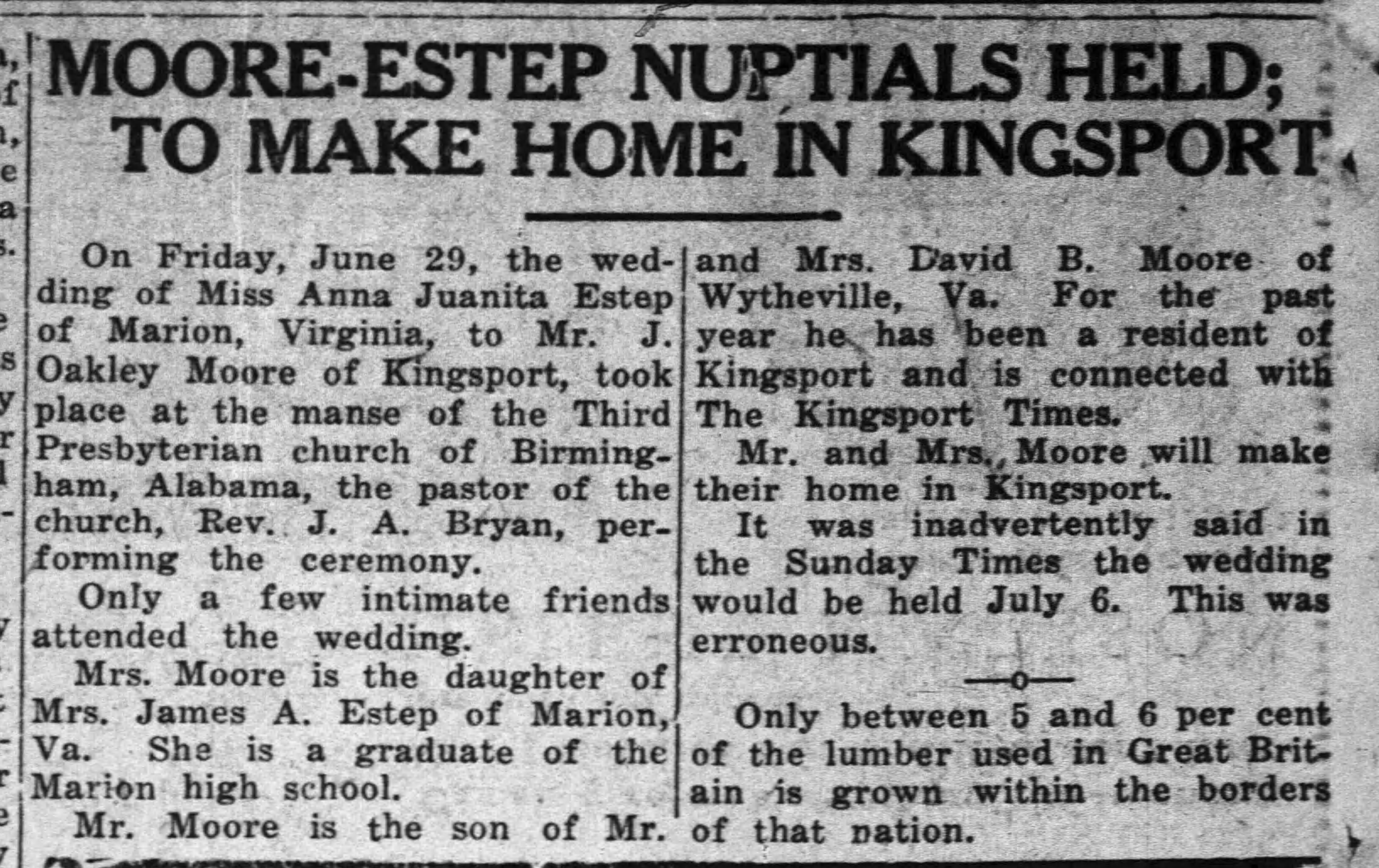 Moore-Estep Nuptials Held, To Make Home In Kingsport